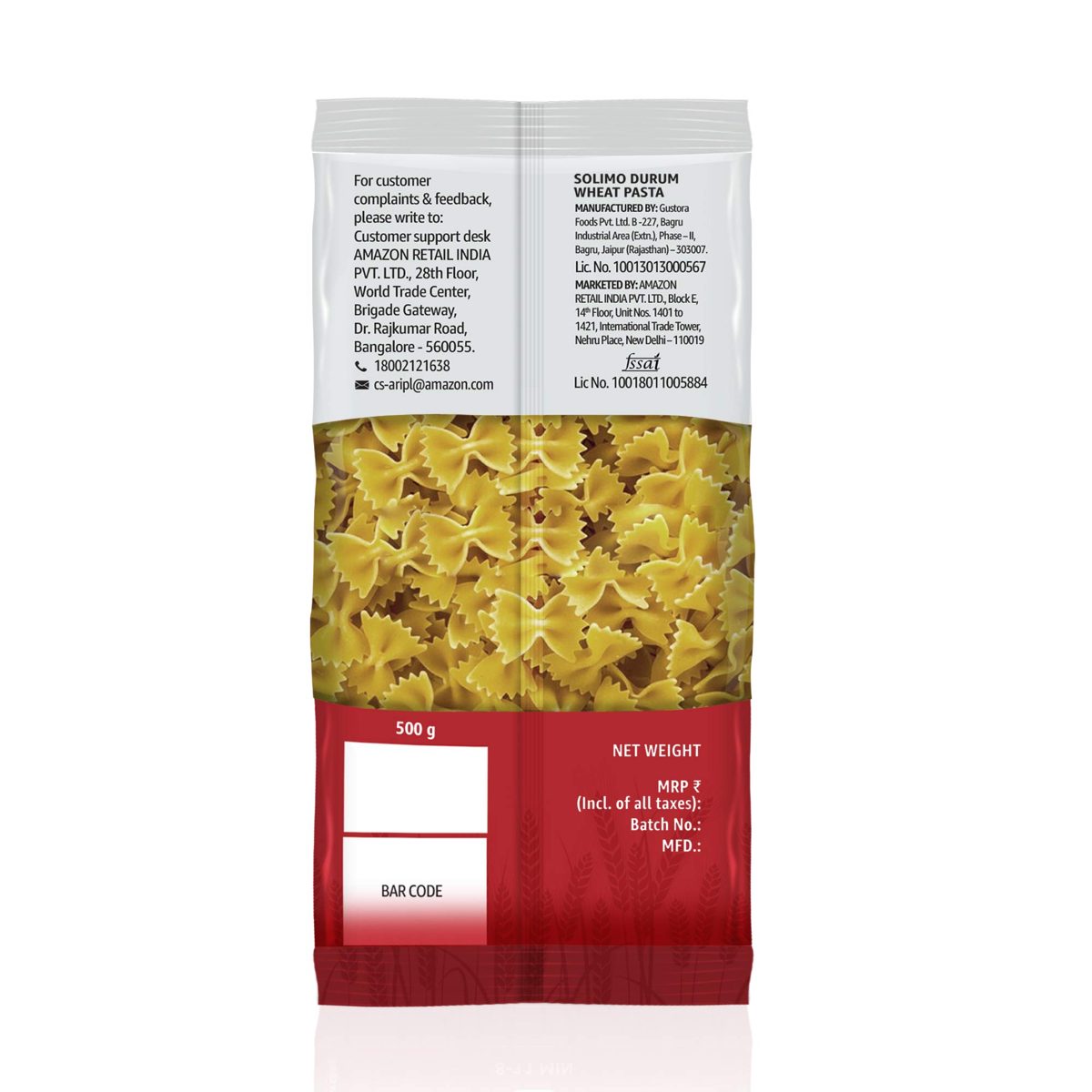 Amazon Brand - Solimo Durum Wheat Farfalle Pasta, 500g