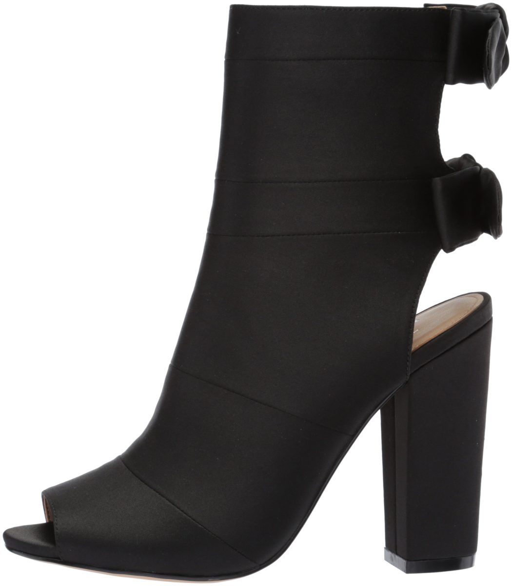 Amazon Brand - The Fix Women's Phoebe Open Toe Block Heel Bootie with Bow Detail Ankle Boot, Black Satin, 6.5 B US