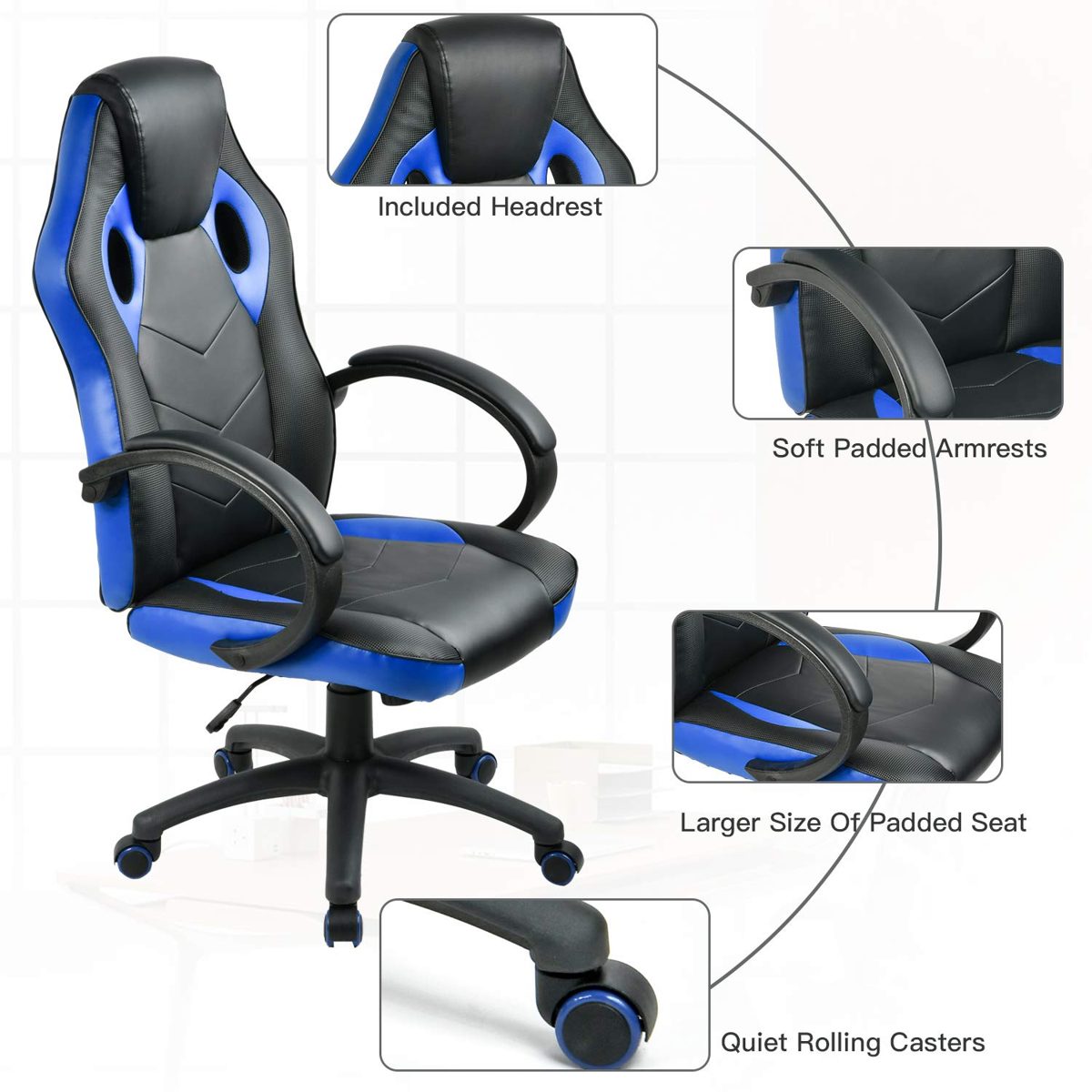 UMI. Essentials Gaming High Back Office Desk Racing Reclining Computer Swivel Chair (Blue)