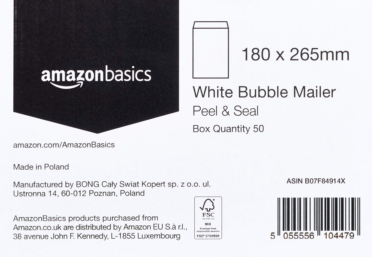 AmazonBasics Bubble Mailer, White, 180 mm x 265 mm, 50 Pack