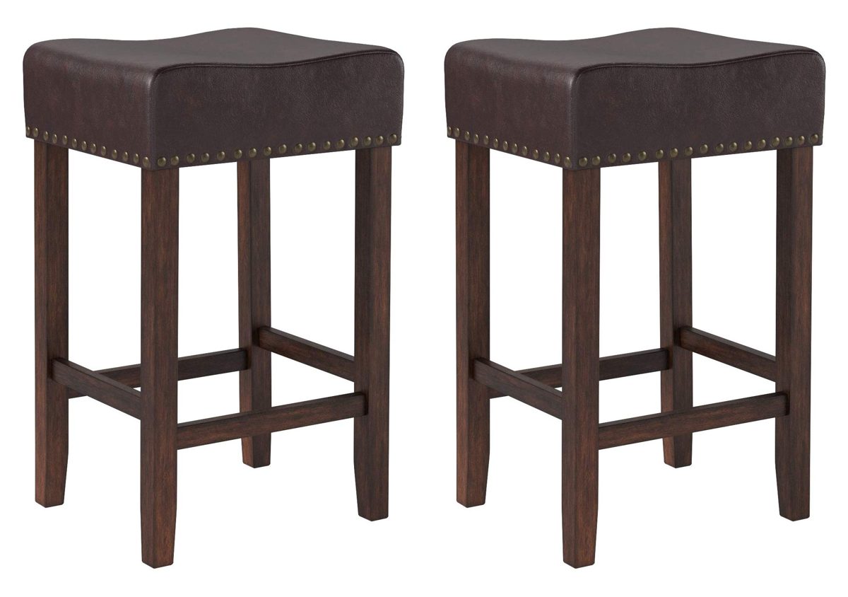 Amazon Brand – Ravenna Home Lisetta Nailhead Saddle Bar Stool, 15.75"W, Espresso with Dark Brown Faux Leather (2 Pack)