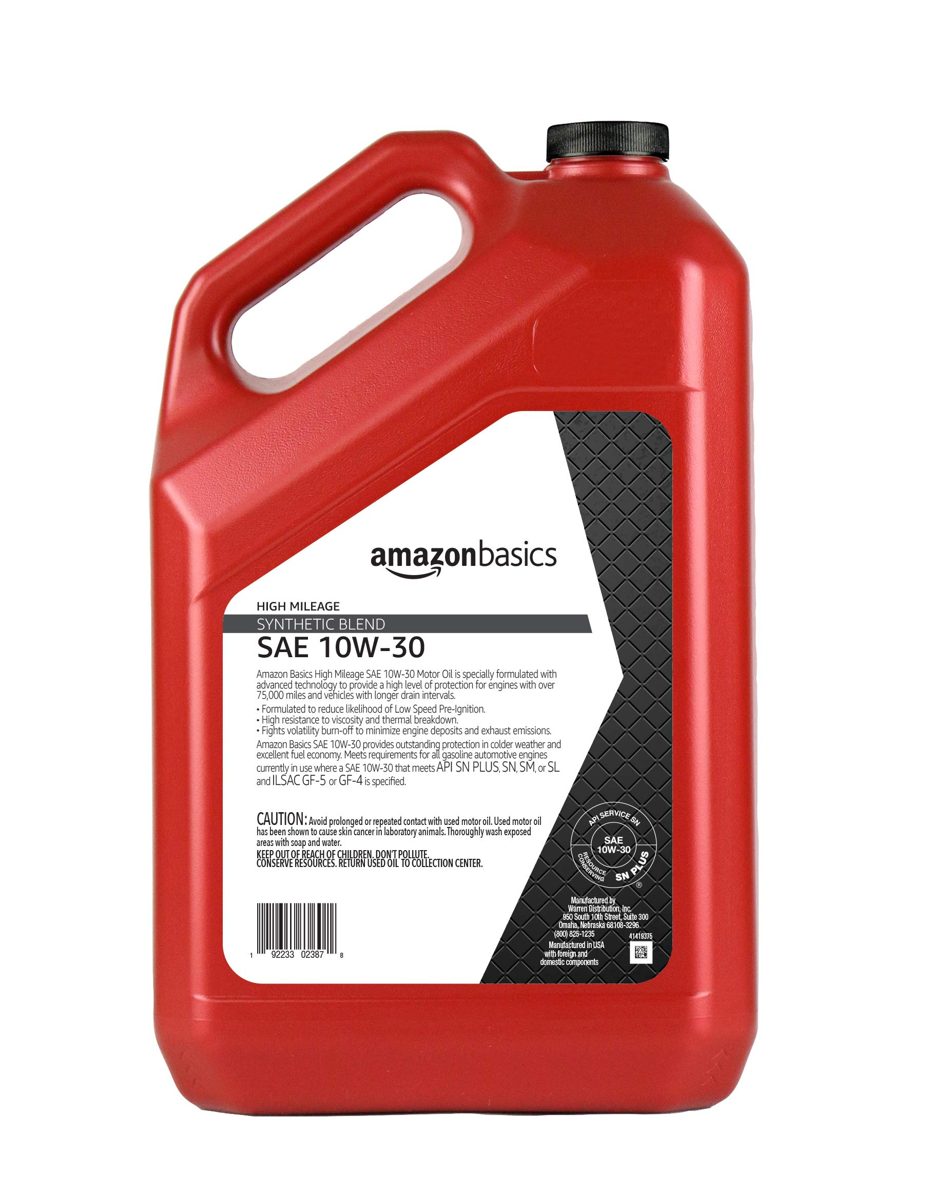 AmazonBasics High Mileage Motor Oil, Synthetic Blend, 10W-30, 5 Quart
