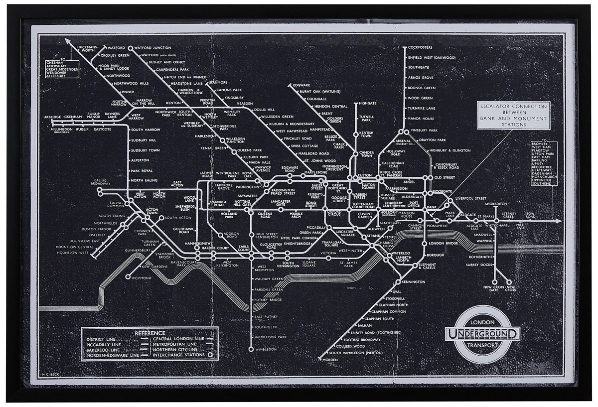 Amazon Brand – Rivet Black and White Blueprint Map of London Underground Wall Art, Black Frame, 26" x 18"