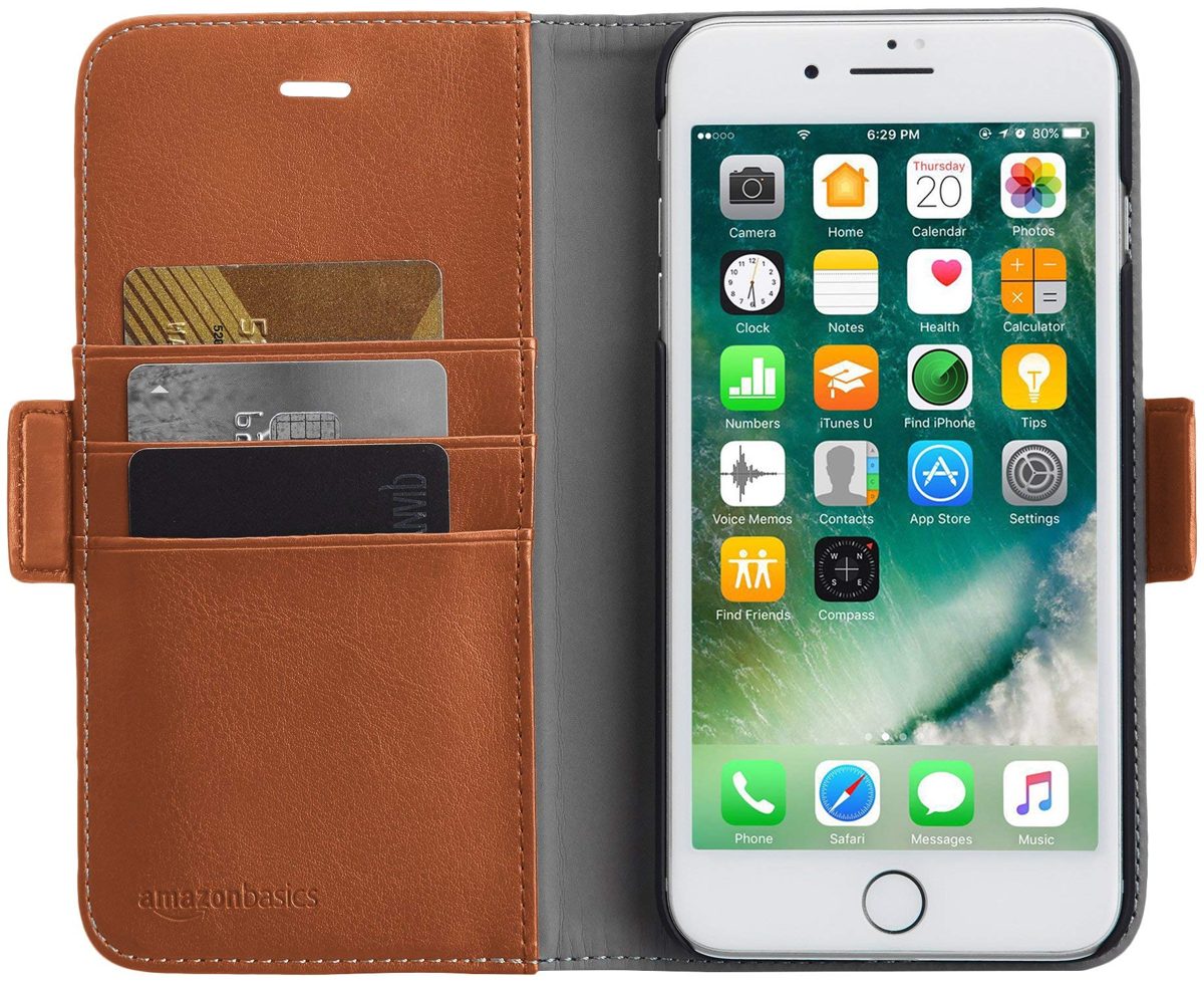 AmazonBasics iPhone 8 Plus / 7 Plus PU Leather Wallet Detachable Case, Brown (Renewed)