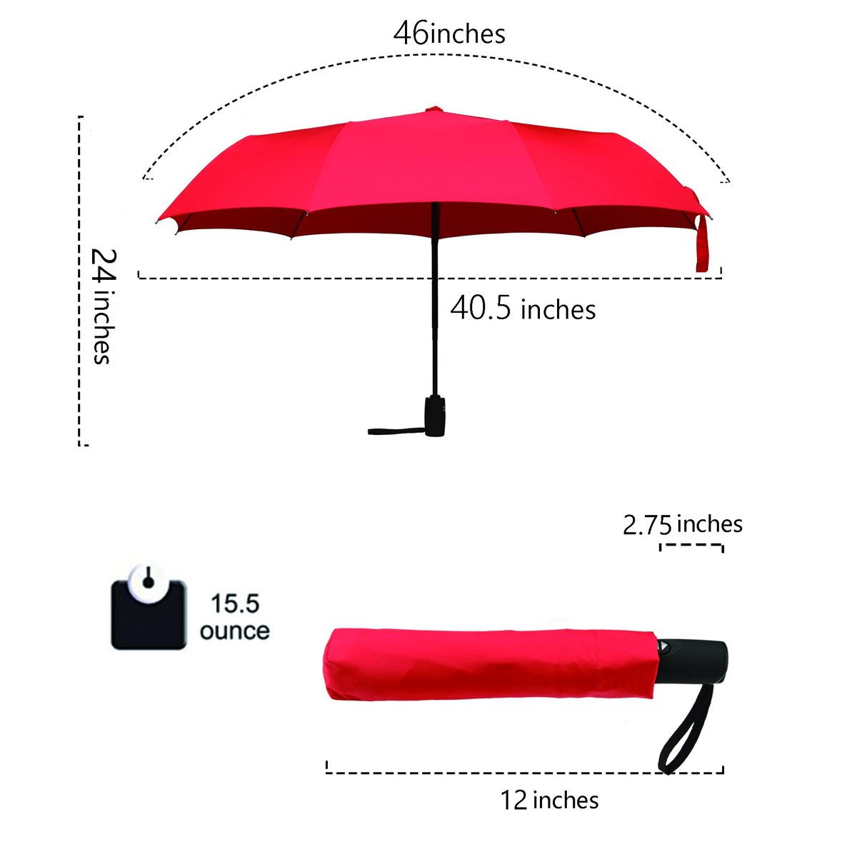 Eono by Amazon - Folding Umbrella Compact Travel Umbrella Strong Durable Windproof Rain Umbrella Portable Umbrella with Teflon Coating - Reinforced Canopy, Ergonomic Handle, Auto Open/Close, Red