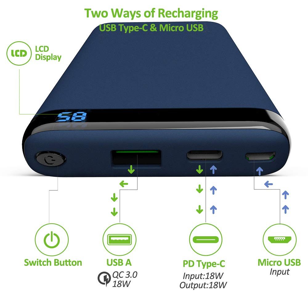 Omars PD Power Bank, Portable Charger 10000mAh with USB C Power Delivery QC Quick Charge 3.0 USB Type-C 18W Output Compatible with iPhone Xs/XR/XS Max/X / 8/8 Plus, iPad, Galaxy S9 / Note 9 (Blue)