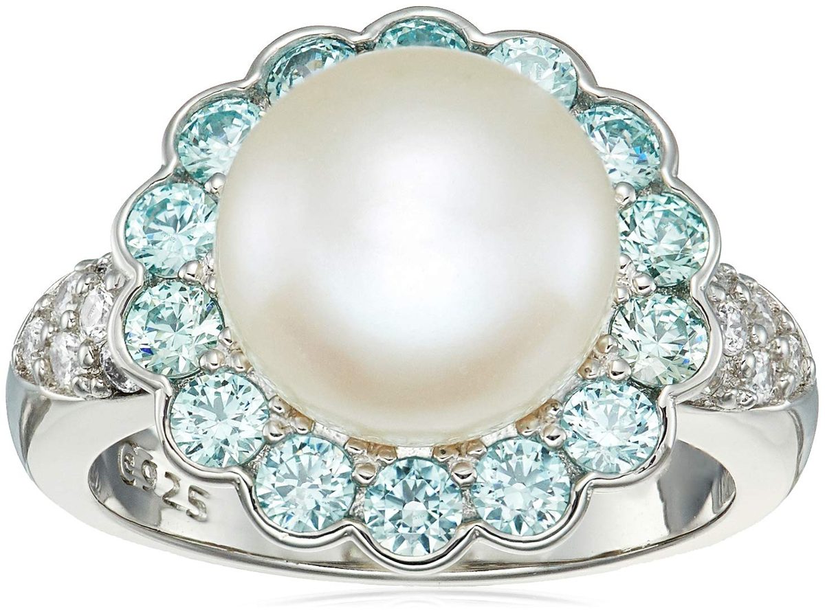 Platinum Plated Sterling Silver Freshwater Pearl Flower with Frosty Mint Swarovski Zirconia Accents Ring, Size 7