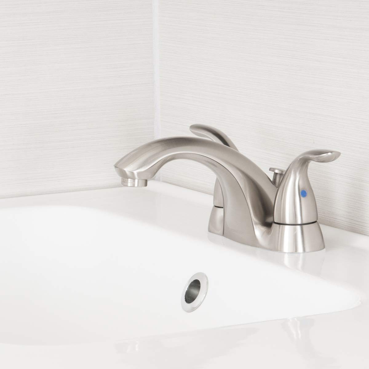 AmazonBasics Standard Two-Handled Basin Faucet, 4 Inch, Satin Nickel