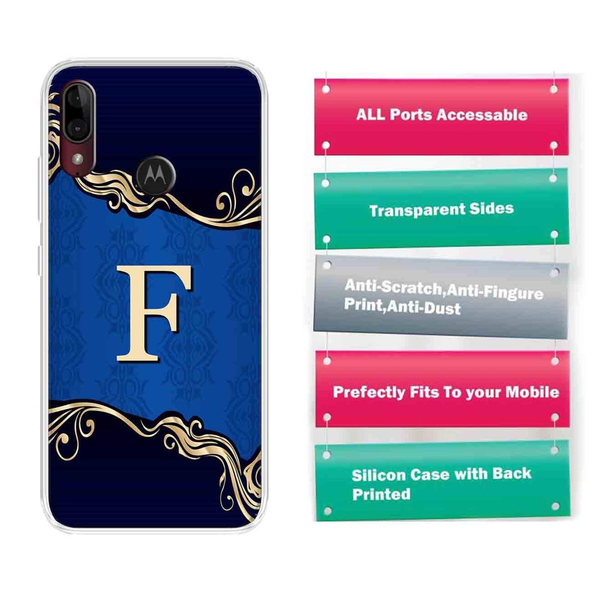 Amazon Brand - Solimo Designer Multicolor Blue Pattern Alphabet-F Printed Soft Back Case Mobile Cover for Motorola Moto E6s / Motorola Moto E6 Plus