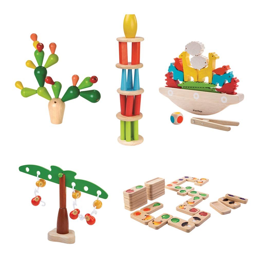 AmazonBasics Games Case Pack, Fruit & Veggie Domino (Gradient), Balancing Monkeys, Balancing Boat, Tower Tumbling, Balancing Cactus