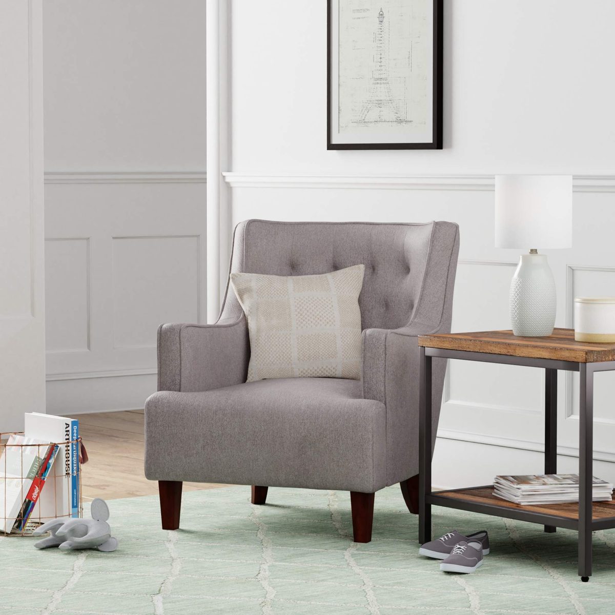 Amazon Brand – Stone & Beam Decatur Modern Tufted Wingback Living Room Accent Chair, 32.37"W, Gray