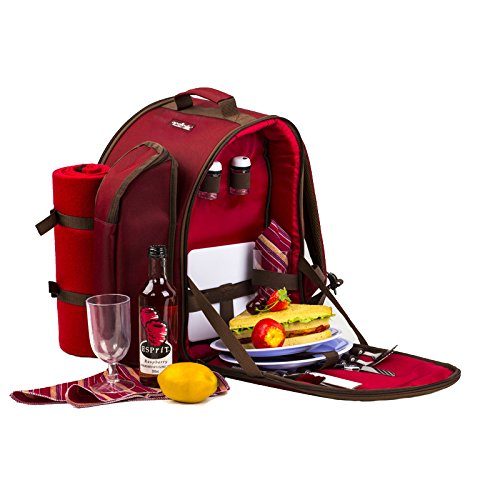 Eono Red 2 Person Picnic Backpack Hamper Basket with Cooler Bag with Harness and Fleece Blanket