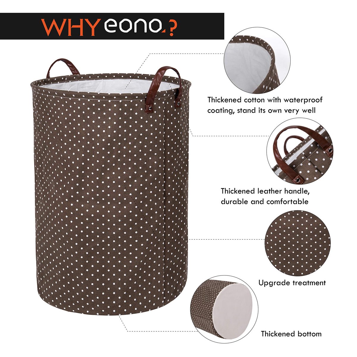 Eono Amazon Brand 19-Inches Thickened Large Laundry Basket with Durable Leather Handle, Drawstring Waterproof Round Cotton Linen Collapsible Storage Basket (Brown, L)