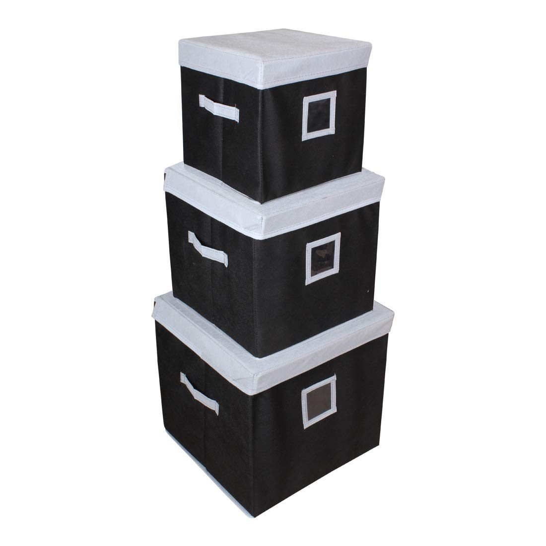 Amazon Brand - Solimo Fabric Storage Box with Lid Set, 3 Piece, Black and Grey