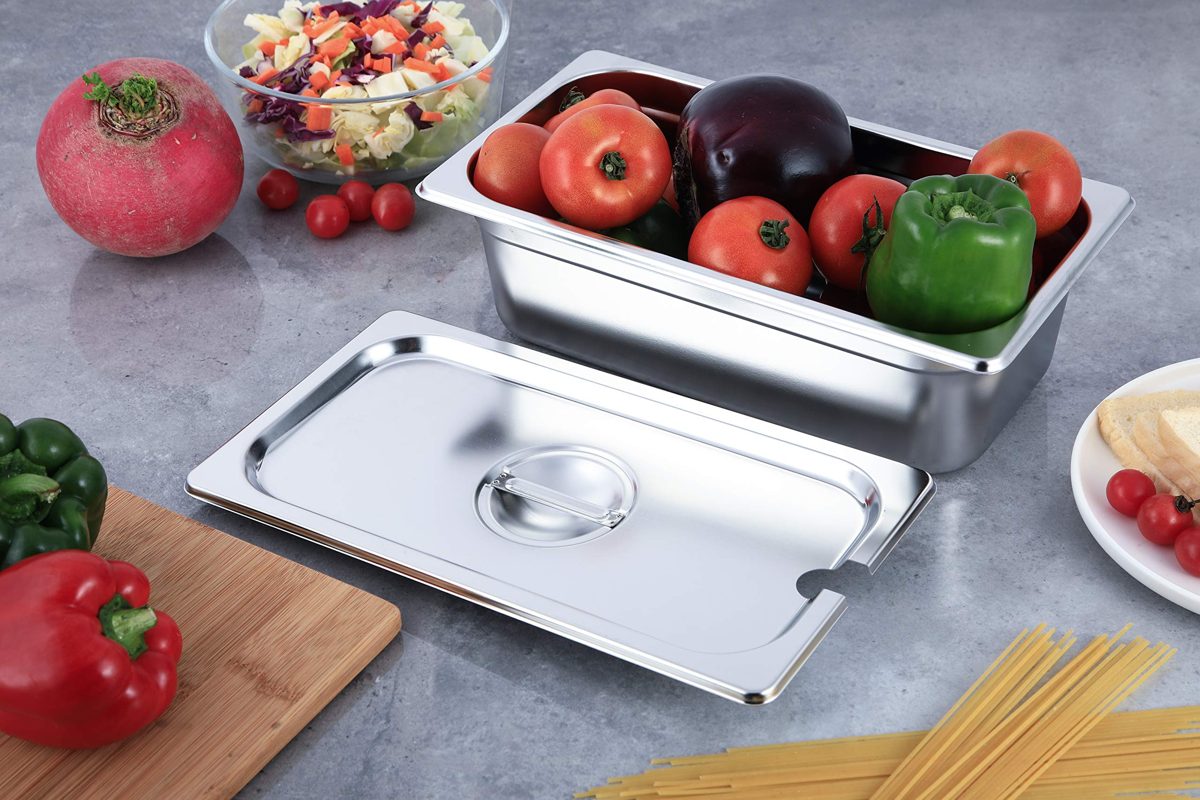 AmazonCommercial 1/3 Size Stainless Steel Slotted Steam Table/Hotel Pan Cover, Pack of 2