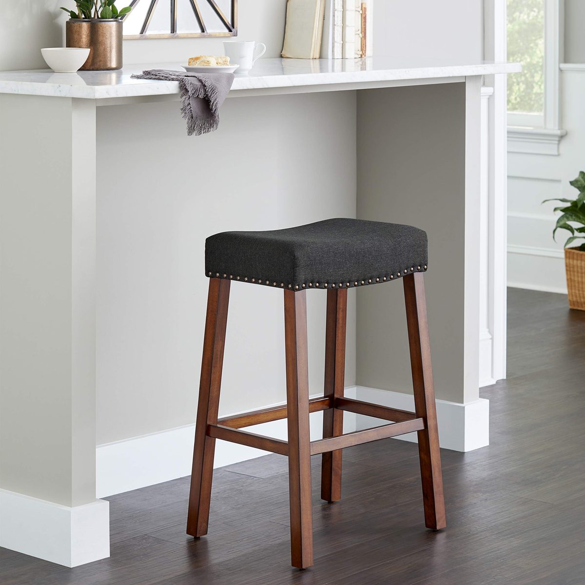 Amazon Brand – Ravenna Home Dawn Nailhead Saddle Bar Stool, 30"H, Cherry with Black Fabric (2 Pack)