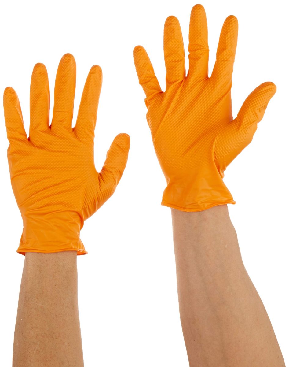 AmazonCommercial Powder Free Disposable Nitrile Gloves, 8 mil, Orange, Diamond Textured, 240 mm Size XXL, 500 (10 Boxes of 50)