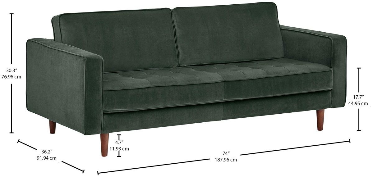 Amazon Brand – Rivet Aiden Tufted Mid-Century Velvet Bench Seat Sofa, Without Side Pillows, 74"W, Hunter Green