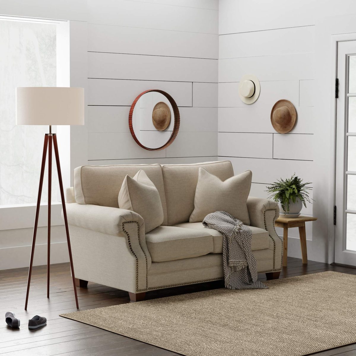 Amazon Brand – Stone & Beam Cedar Upholstered Loveseat Sofa Couch with Nailheads, 67"W,Oat Beige