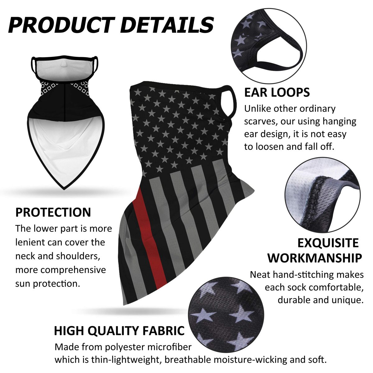 ENCOM Unisex Face Ear Loops Bandana,Neck Gaiter Face Scarf Light Breathable for Sun Wind Clothing Balaclava 1 Pack American Flag