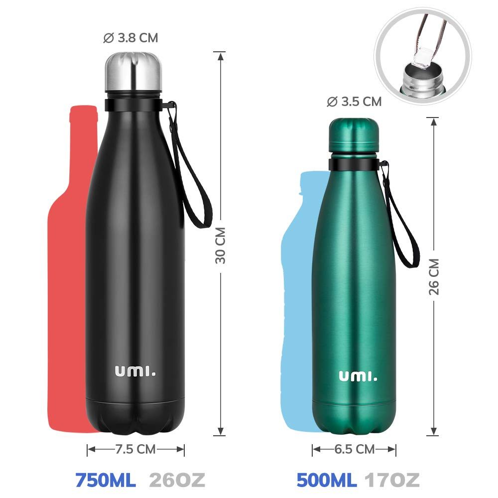 UMI. by Amazon Water Bottle in Stainless Steel / 750 ml or 500 ml / Vacuum Insulated Thermos Bottle / BPA-Free / Leak-Proof / Water Bottle for Sports, Outdoors, Office or School, 500ml, dark green