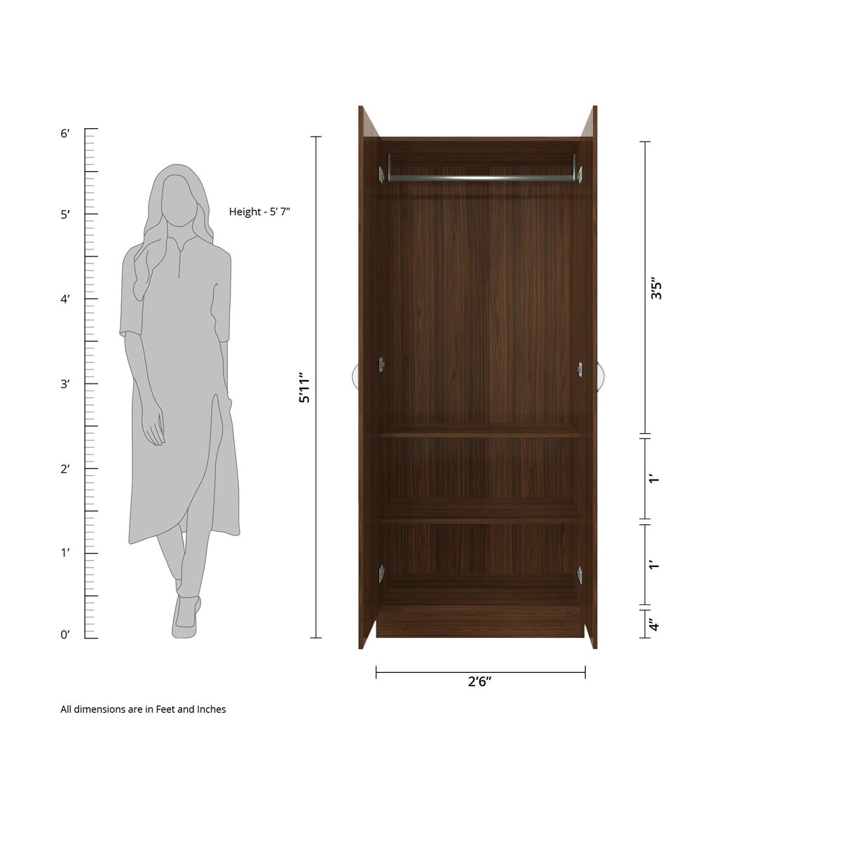 Amazon Brand - Solimo Pyxis Engineered Wood 2-Door Wardrobe (Walnut Finish)
