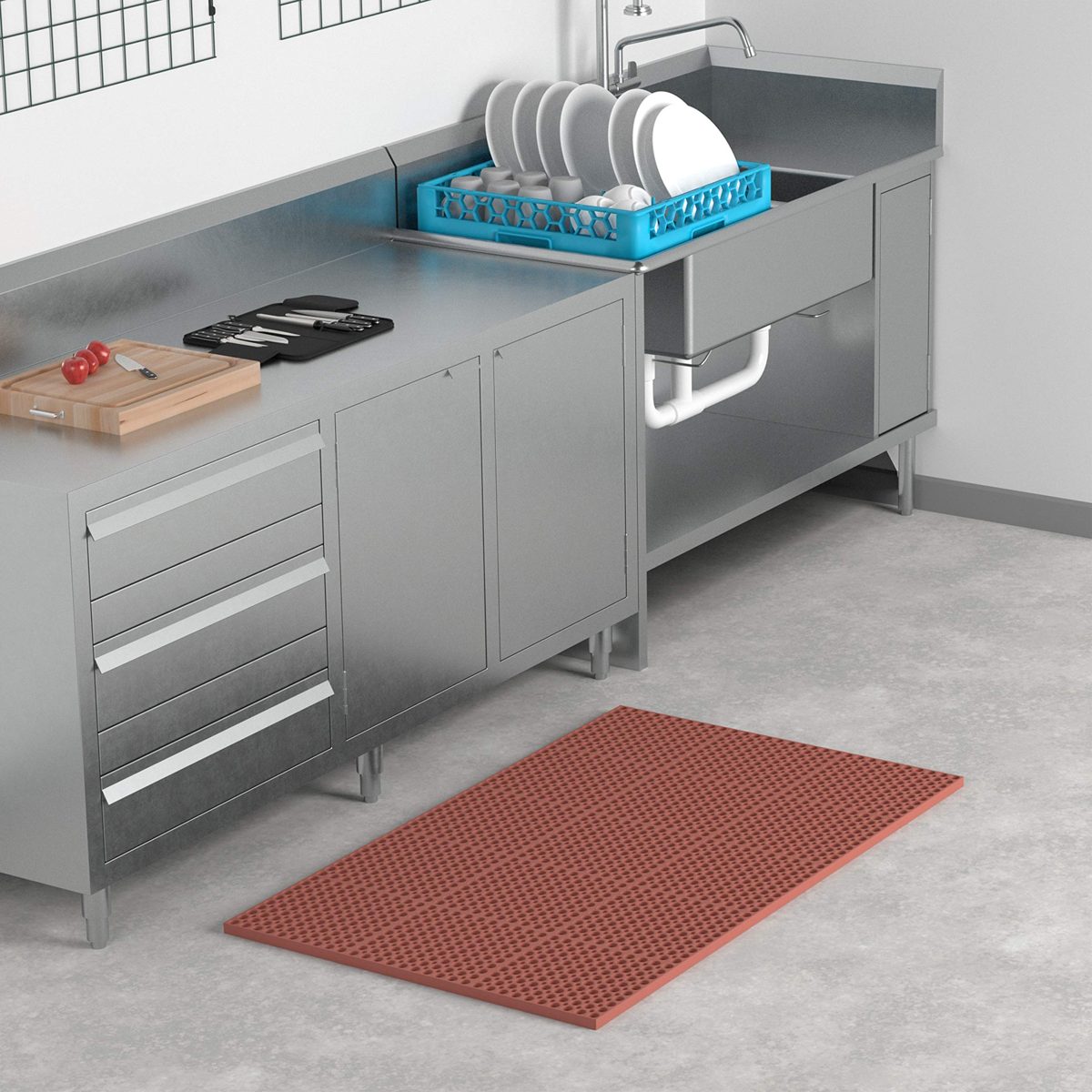 AmazonCommercial Anti-Fatigue Drainage Mat, Heavy Duty Rubber, 3' X 5', 7/8" Thickness, Red Grease-Proof