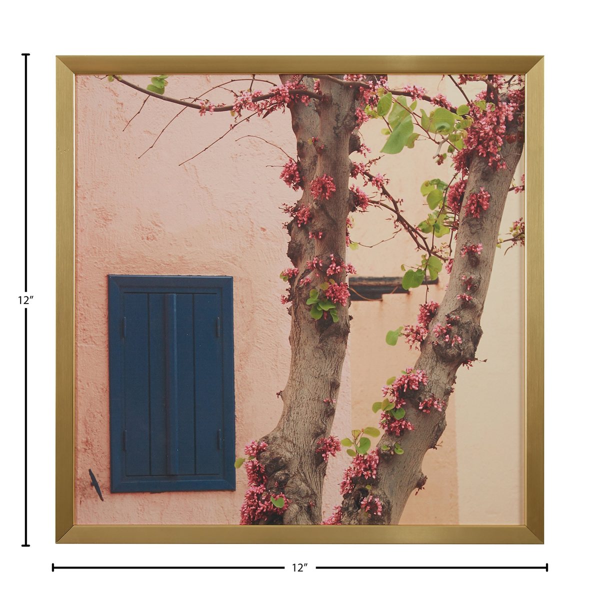 Amazon Brand – Rivet Pink Tree Blossoms at the Villa Photo Print Wall Art, Gold Wood Frame, 12" x 12"