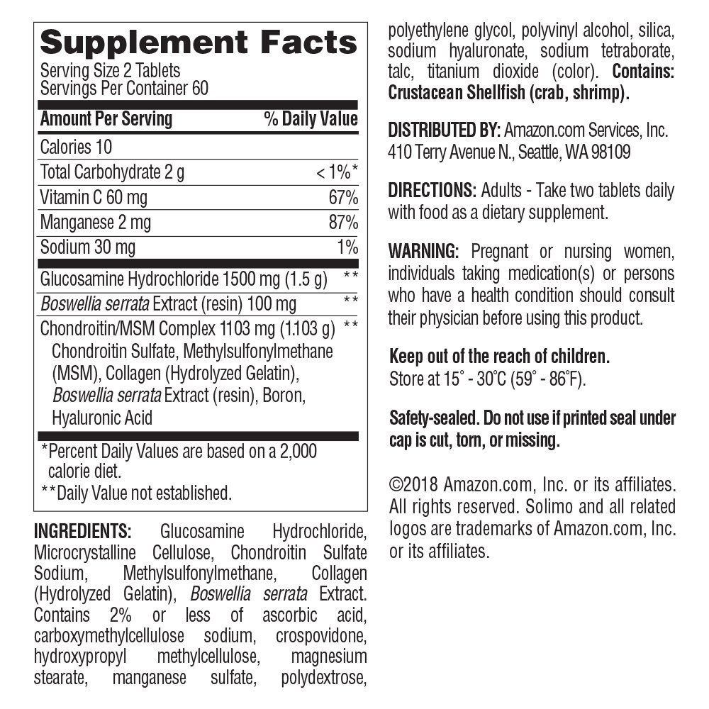 Amazon Brand - Solimo Glucosamine Chondroitin Complex with MSM, 120 Tablets (2 Tablets per Serving), Glucosamine 1500mg & Solimo Vitamin D3 50 mcg (2000 IU), 365 Softgels, Value Size One Year Supply