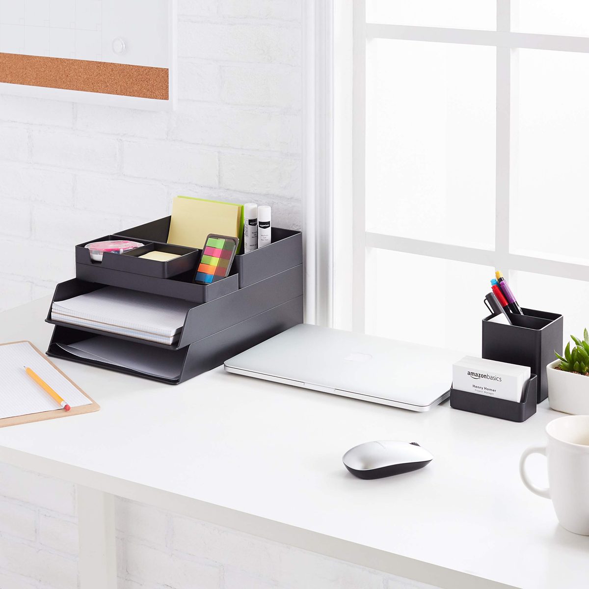 AmazonBasics Plastic Desk Organizer Bundle- Letter Tray 2-Pack/Accessory Tray/Half Accessory Tray/Small Tray/Pen Cup/Name Card Holder, Black