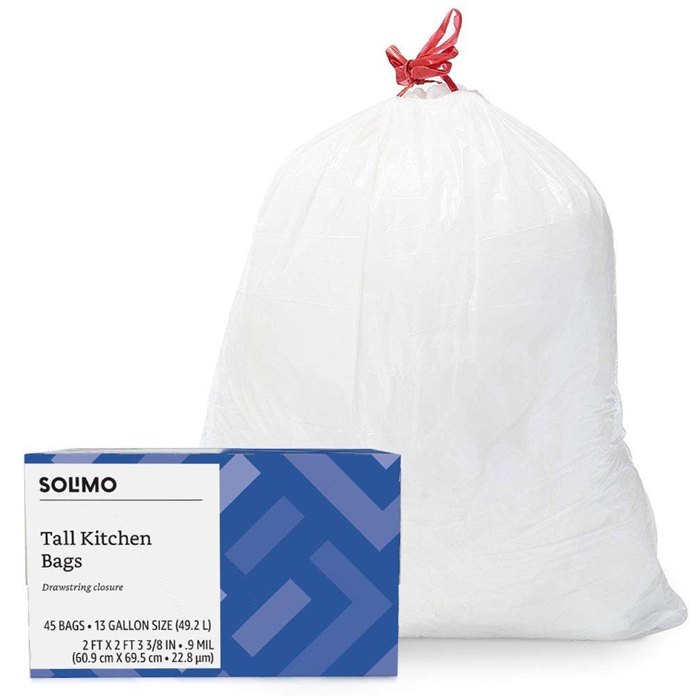Amazon Brand - Solimo Tall Kitchen Drawstring Trash Bags, 13 Gallon, 45 Count & Solimo Sandwich Storage Bags, 300 Count