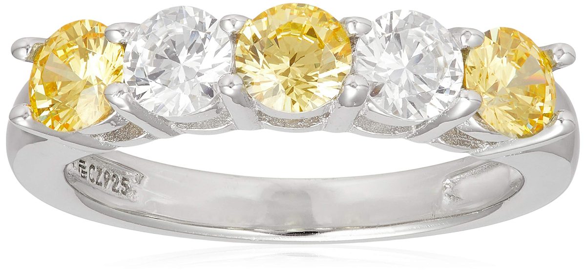 [Find] Amazon Collection Platinum Plated suta-ringusiruba-kuriakyu-bikkuzirukonia and Simulated kanari- 5 Stone Ring, Size 7