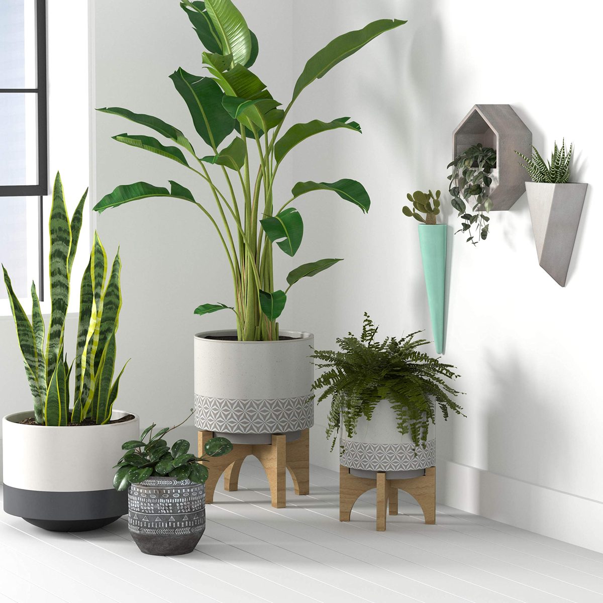 Amazon Brand – Rivet Mid-Century Stoneware Planter with Wood Stand, 10.43"H, Gray and Beige