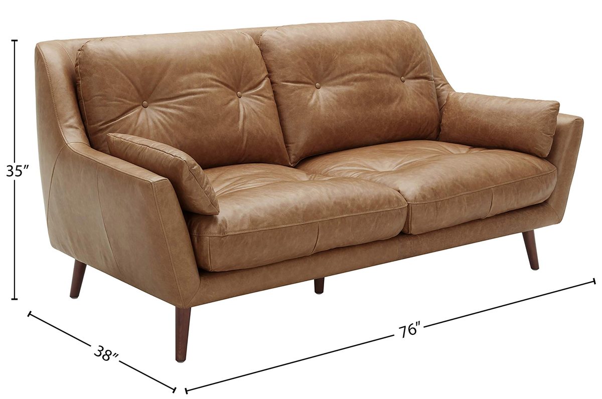 Amazon Brand – Rivet Brooker Down-Filled Mid-Century Sofa, 76"W, Top Grain Leather, Cognac
