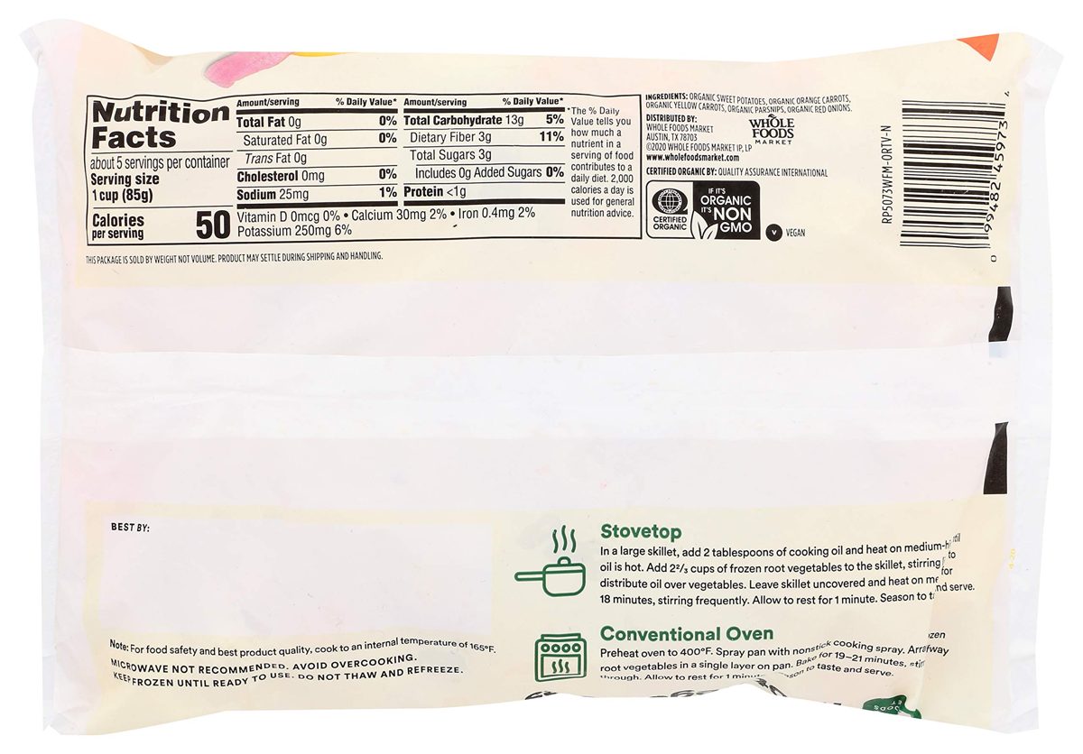 365 Everyday Value, Organic Root Vegetables (Sweet Potatoes, Orange Carrots, Yellow Carrots, Parsnips, and Red Onion), 16 oz, (Frozen)