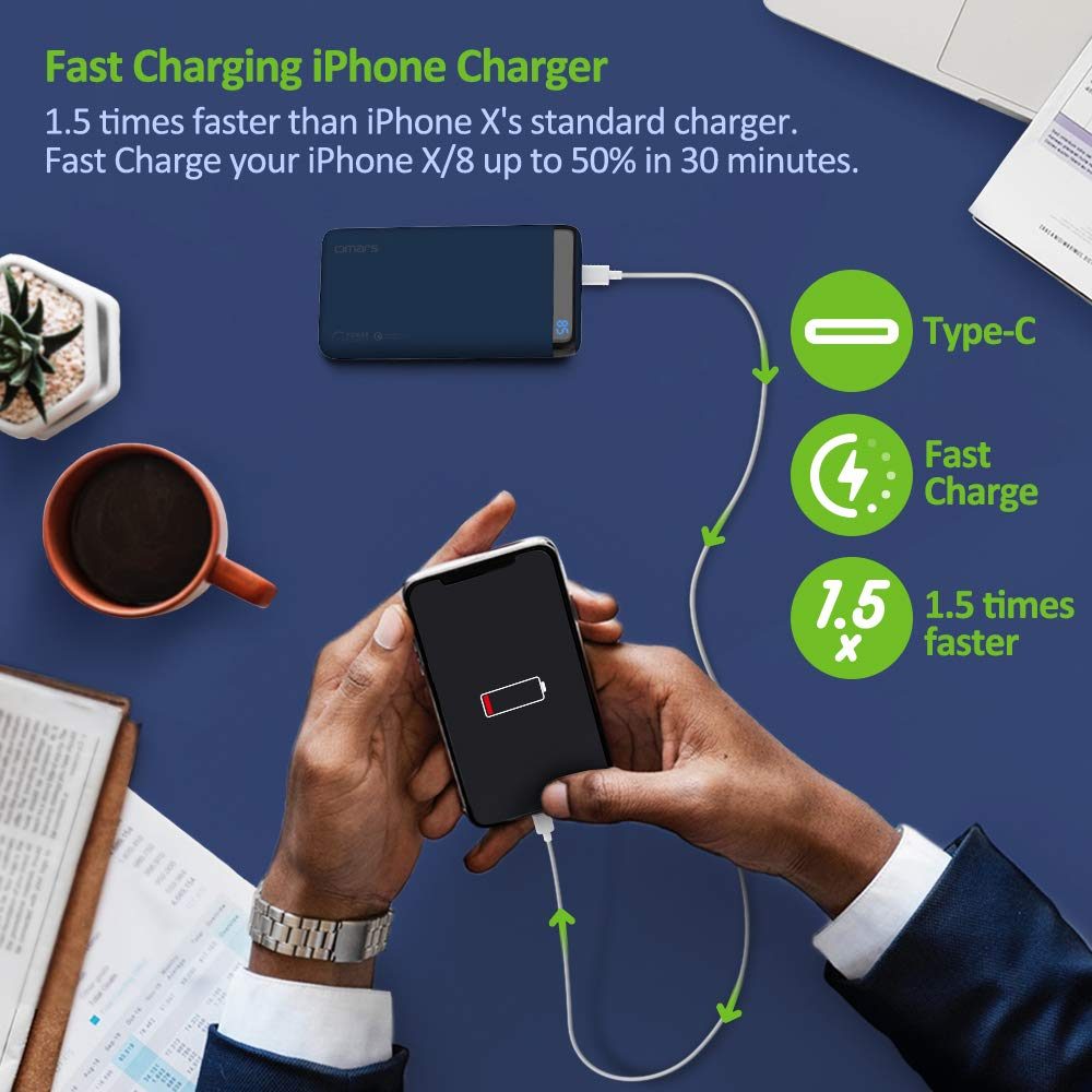 Omars PD Power Bank, Portable Charger 10000mAh with USB C Power Delivery QC Quick Charge 3.0 USB Type-C 18W Output Compatible with iPhone Xs/XR/XS Max/X / 8/8 Plus, iPad, Galaxy S9 / Note 9 (Blue)