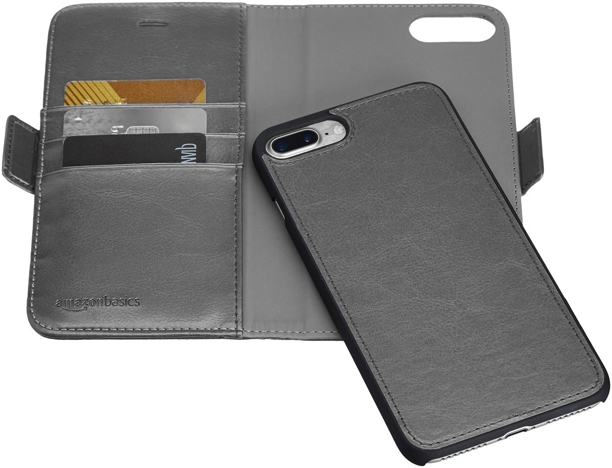 AmazonBasics 2-in-1 Faux Leather Case with Detachable Case for iPhone 7 Plus & 8 Plus, dark grey
