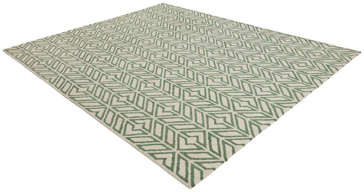 Amazon Brand – Rivet Contemporary Handtufted Cotton-and-Wool Rug with Geometric Feathered Pattern, 5' x 8', Green and Cream