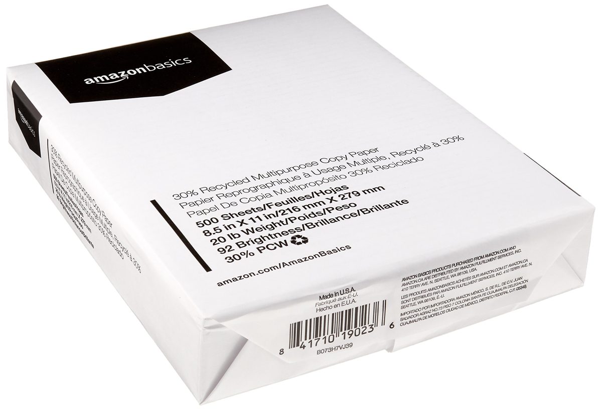 AmazonBasics 30% Recycled Multipurpose Copy Paper - 92 Bright, 20 lbs, 8.5 x 11 Inches, 10 Ream case (5,000 Sheets)