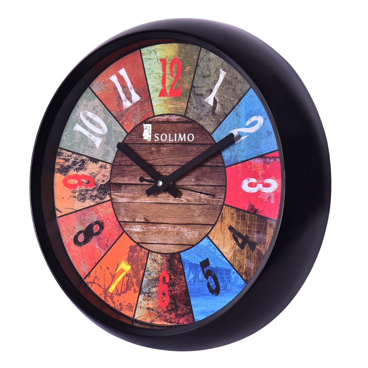 Amazon Brand - Solimo 12-inch Wall Clock - Vibrant Roulette (Step Movement, Black Frame)