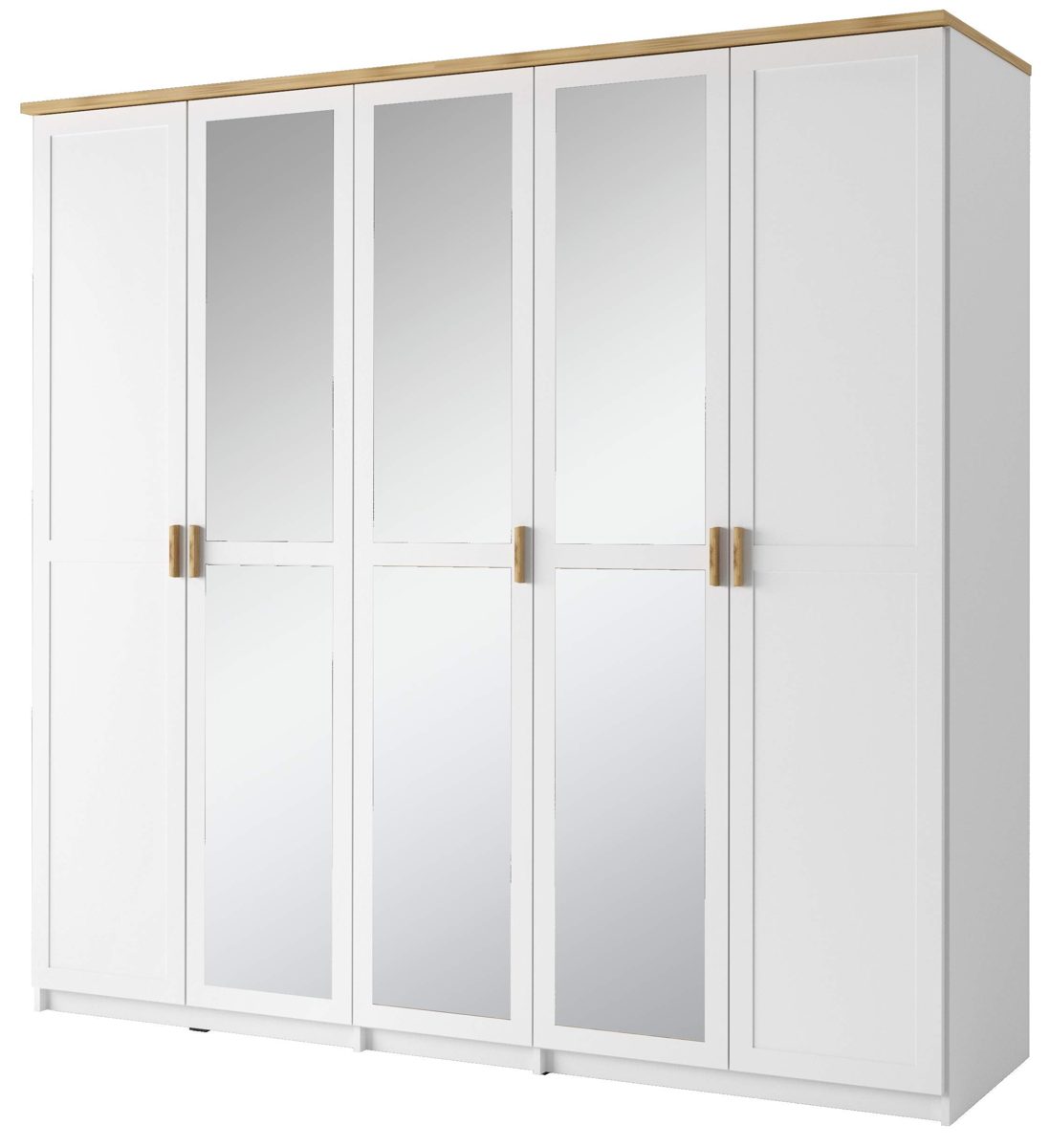 Amazon Brand - Movian Cinca 5-Door Wardrobe with Mirrors and Internal Storage Compartments, 226 x 216 x 62cm, White/Oak-Colour Accents