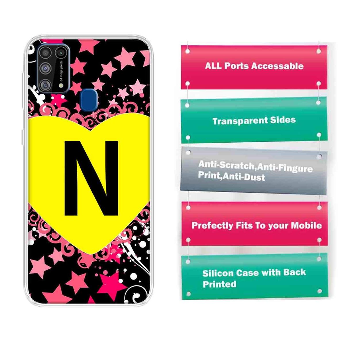 Amazon Brand - Solimo Designer Multicolor Heart Pattern Alphabet-N Printed Soft Back Case Mobile Cover for Samsung Galaxy M31