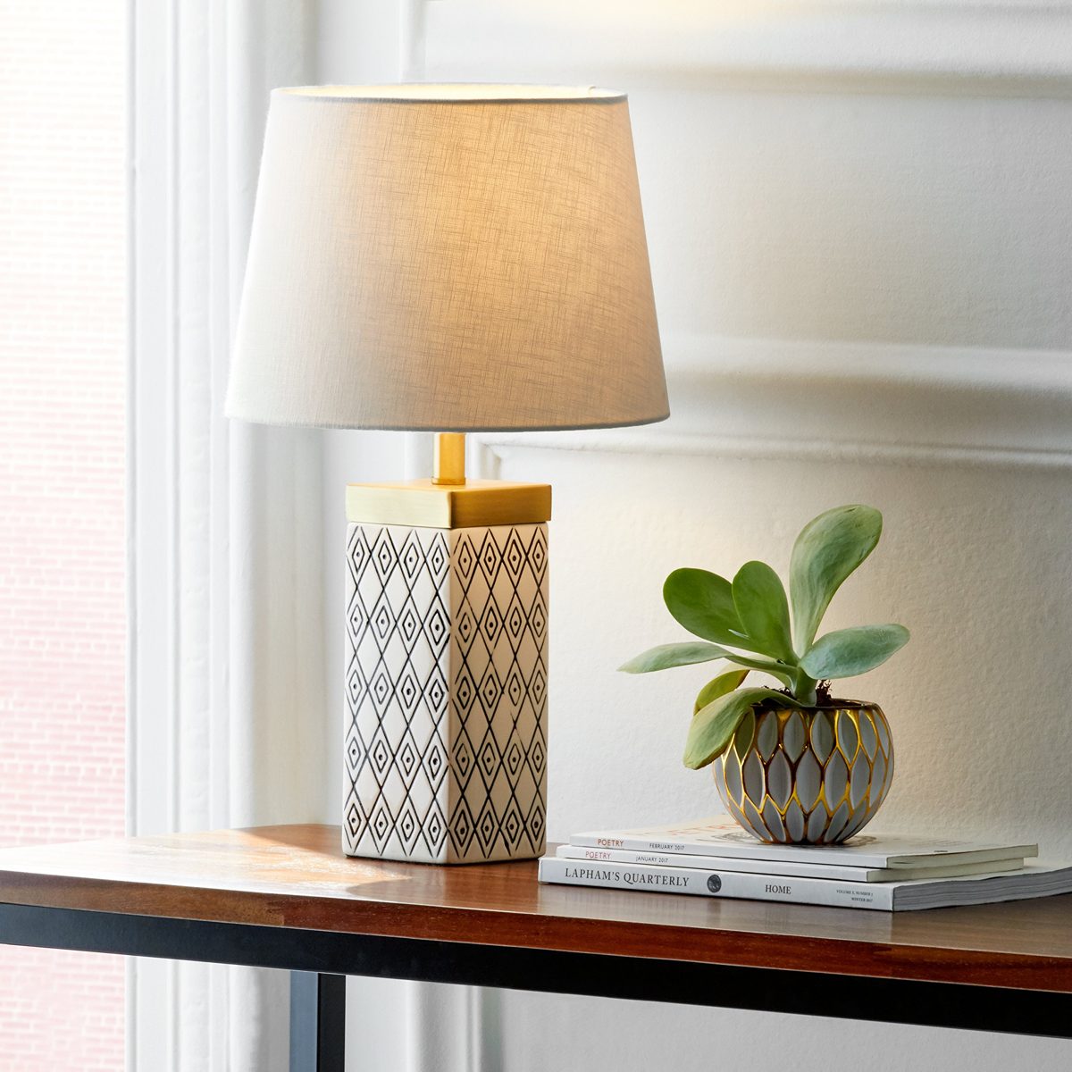 Rivet Geometric Shape Ceramic Table Lamp with Bulb, Black and White, 8.0" x 8.0" x 16.75", Grey
