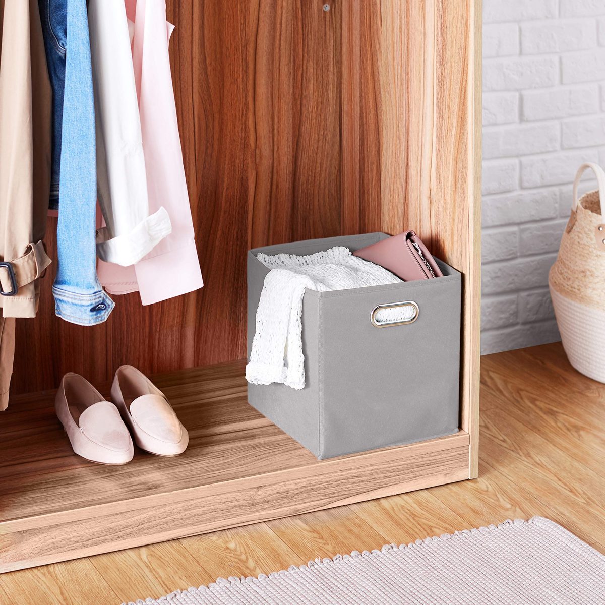 AmazonBasics Collapsible Fabric Storage Cubes with Oval Grommets - 6-Pack, Light Grey