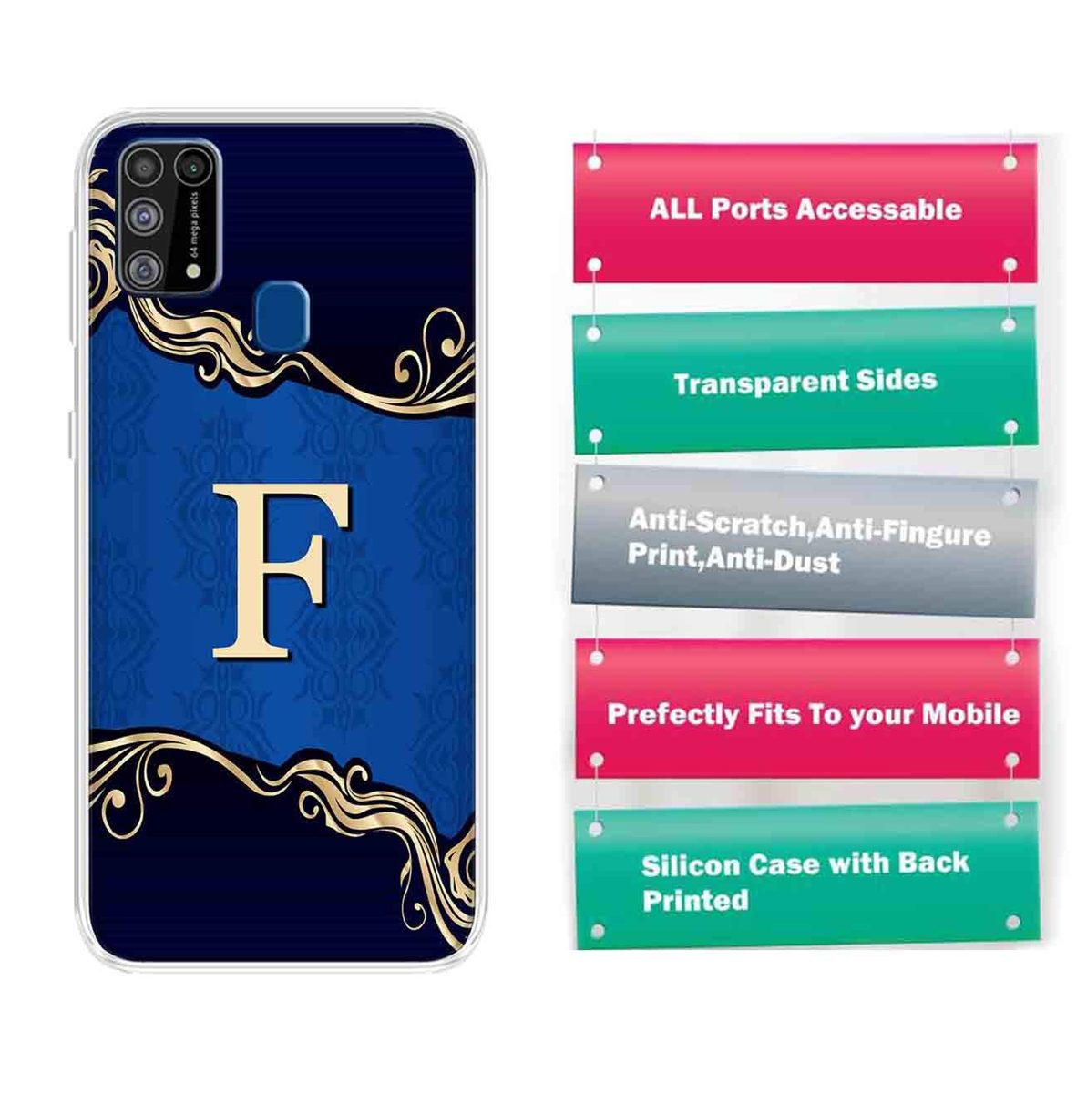 Amazon Brand - Solimo Designer Multicolor Blue Pattern Alphabet-F Printed Soft Back Case Mobile Cover for Samsung Galaxy M31