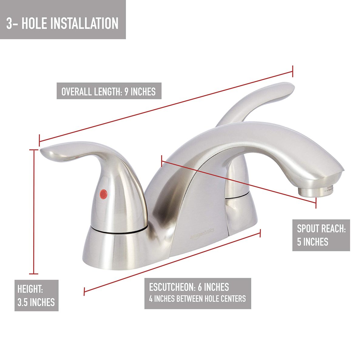 AmazonBasics Standard Two-Handled Basin Faucet, 4 Inch, Satin Nickel