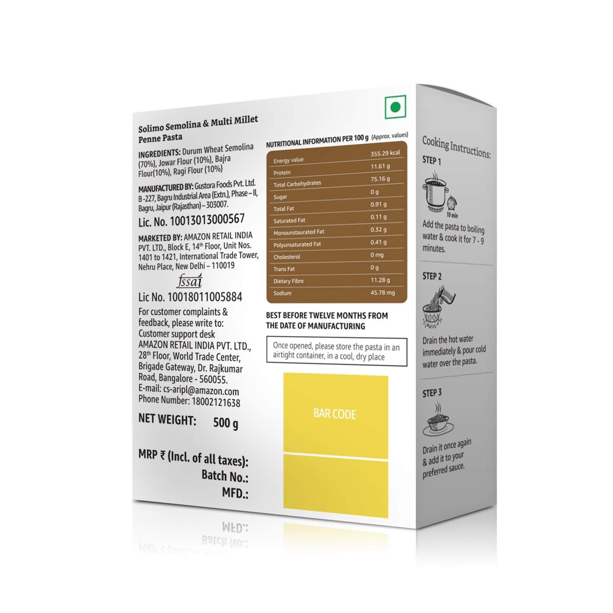 Amazon Brand - Solimo Semolina & Multi-millet Penne Pasta, 500g