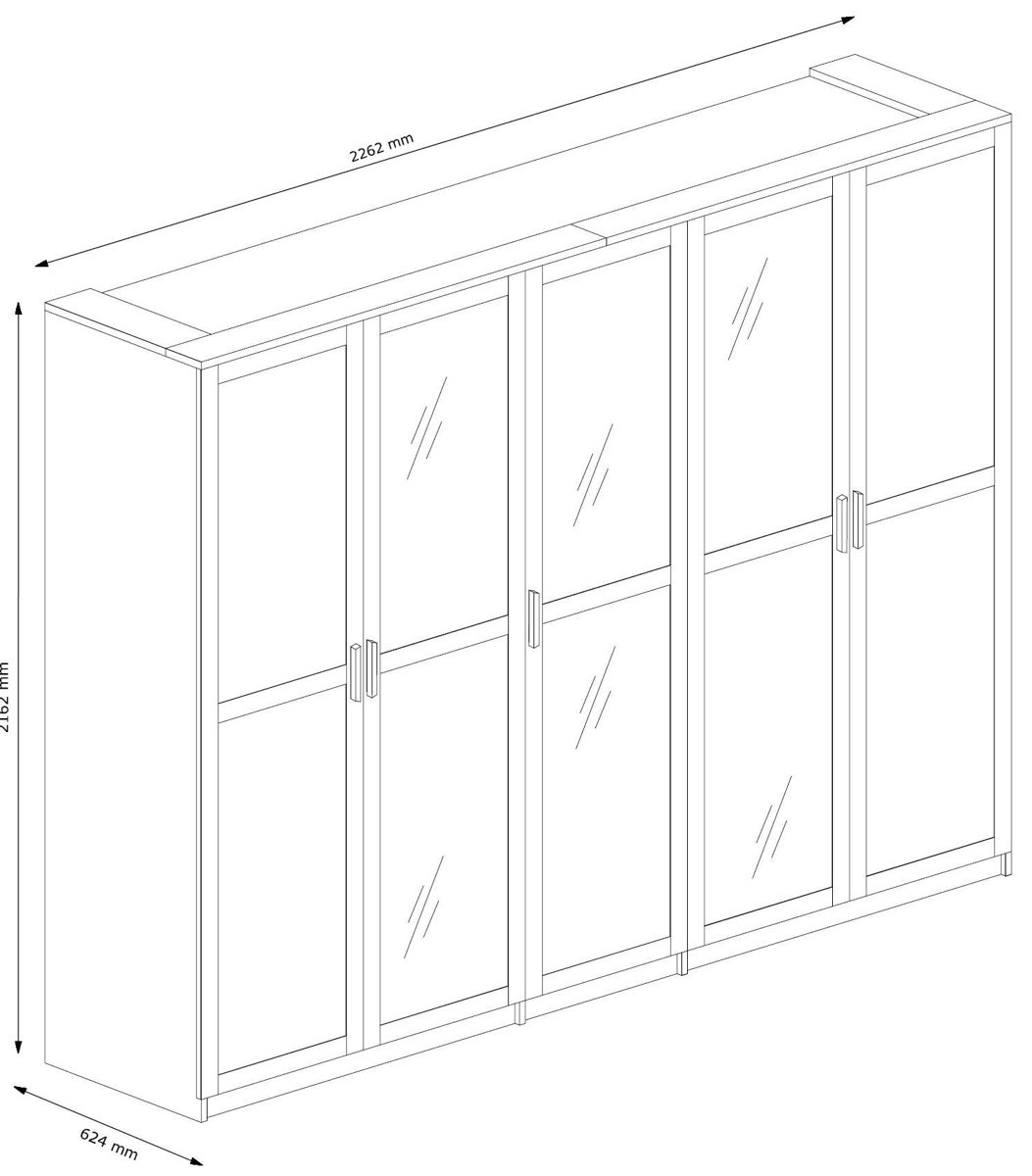 Amazon Brand - Movian Cinca 5-Door Wardrobe with Mirrors and Internal Storage Compartments, 226 x 216 x 62cm, White/Oak-Colour Accents