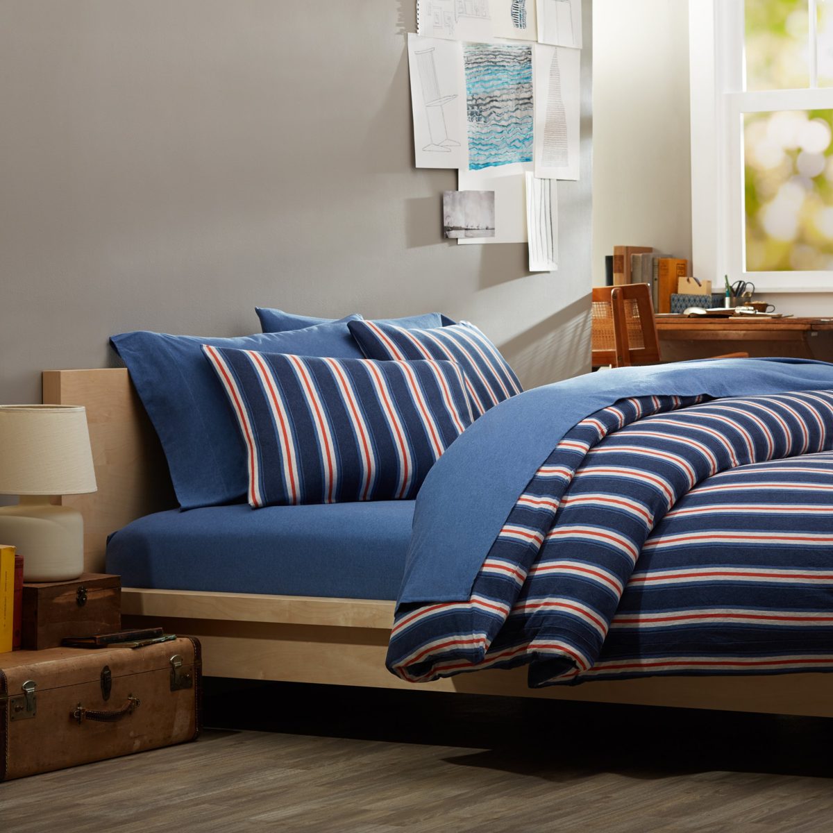 Pinzon Heather Jersey Yarn Dye Duvet Set, Navy Heather Stripe, 200 x 250 cm & 1 pillowcase 50 x 80 cm