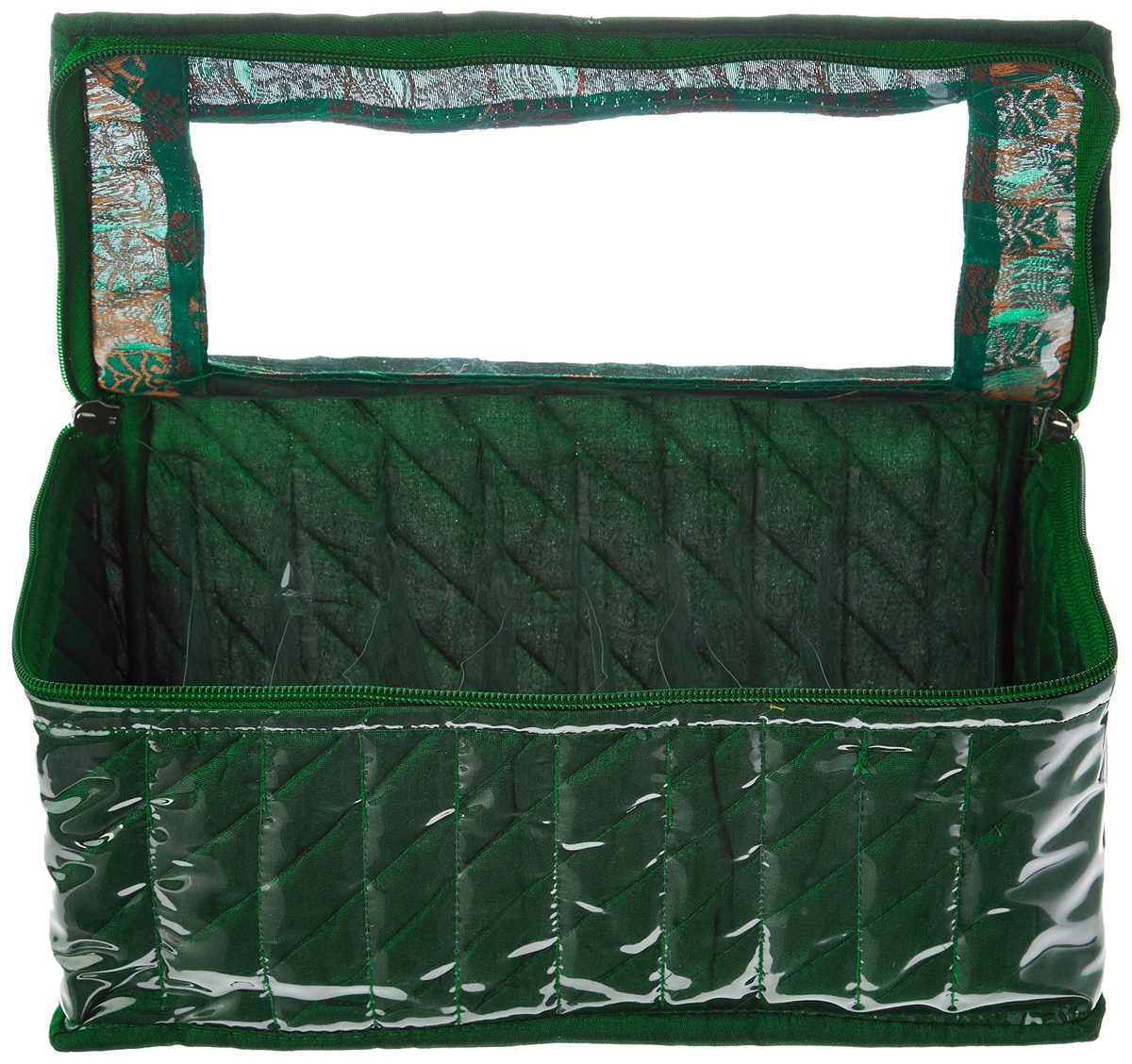 Amazon Brand - Solimo Fabric Jewellery Box with 10 Transparent Pouches, Green